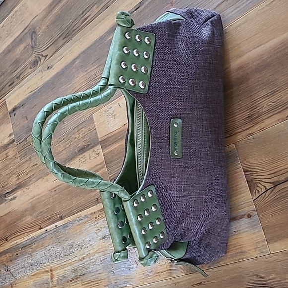 MATT & NAT Brown Canvas Green Vegan Leather Handbag, Metal Stud Detail - Picture 3 of 16